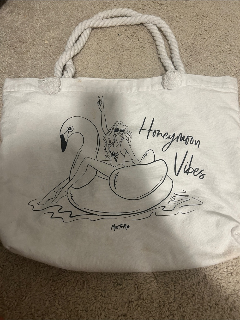 White 'Honeymoon Vibes' Canvas Tote with Rope Handles